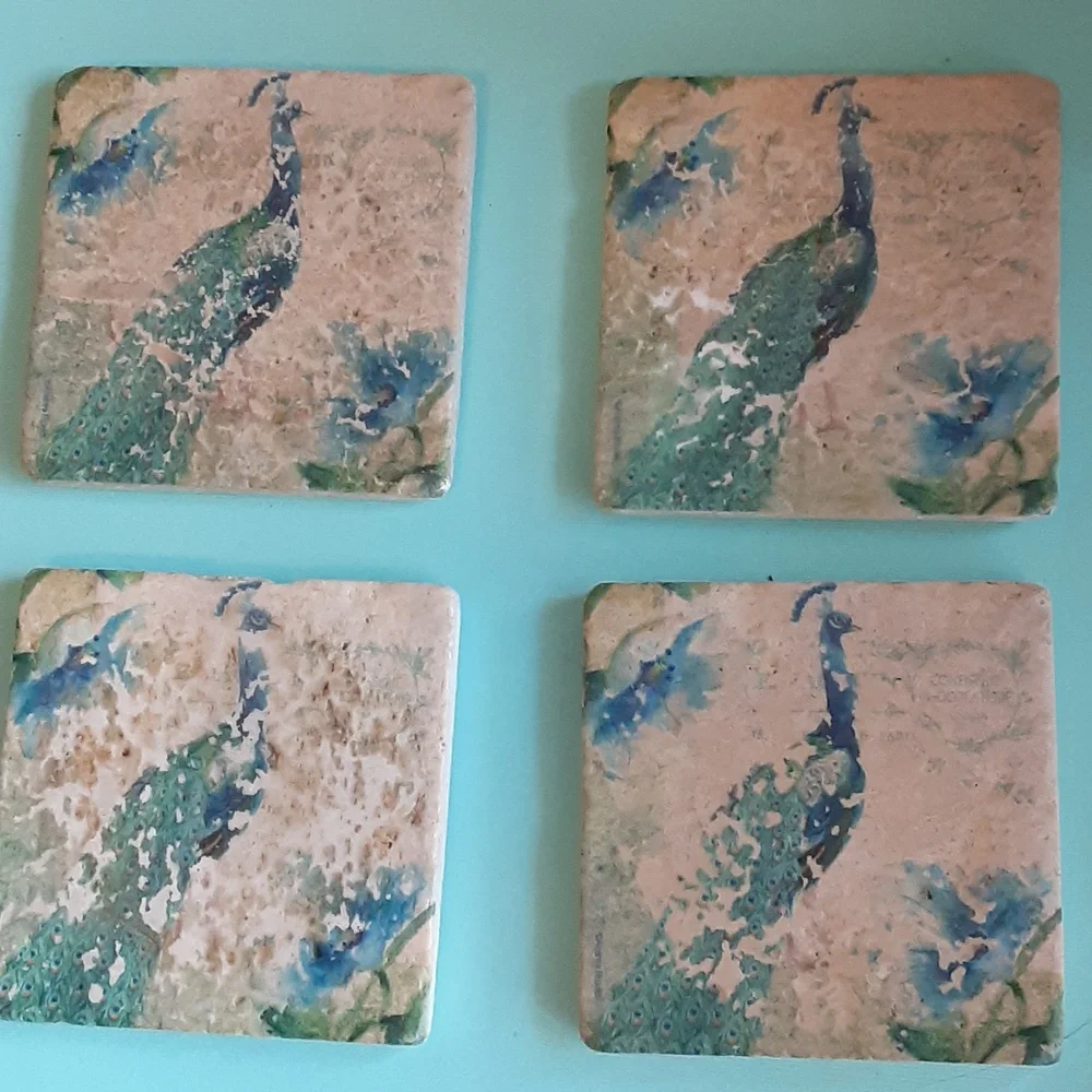 Peacock Image on 4"x4" natural stone coaster, set, walnut holder, cream blu/gr - Picture 3 of 14